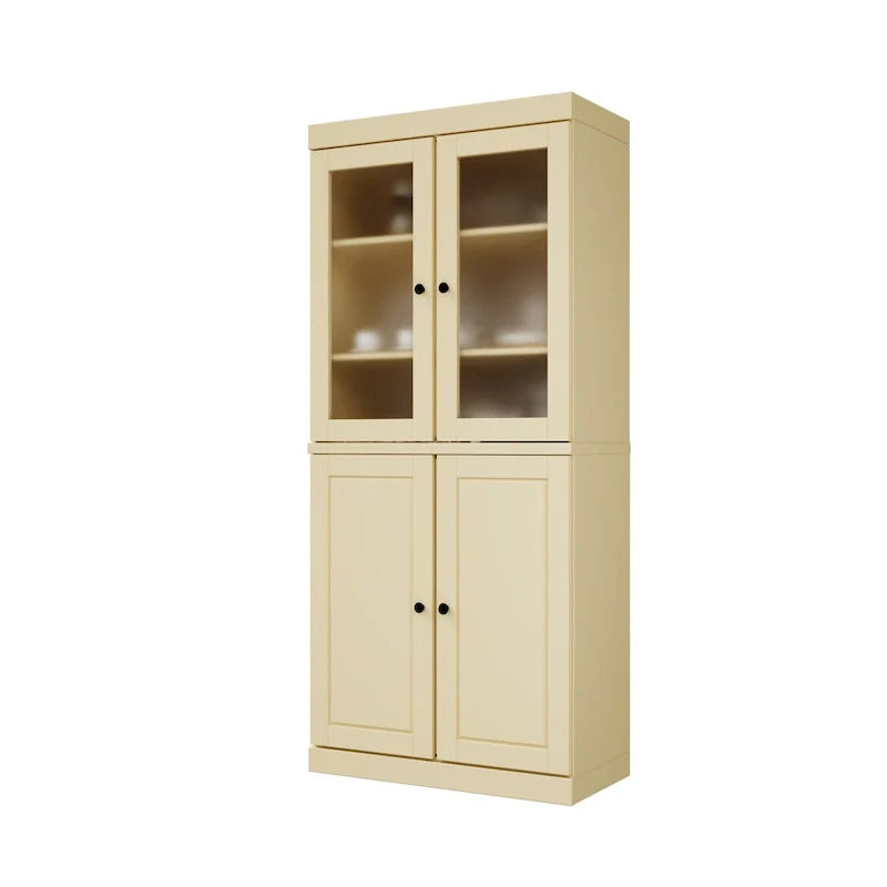 Vollholz-Vorratschrank mit Milchglastüren, Holztüren, 2 Schubladen und verstellbaren Einlegeböden