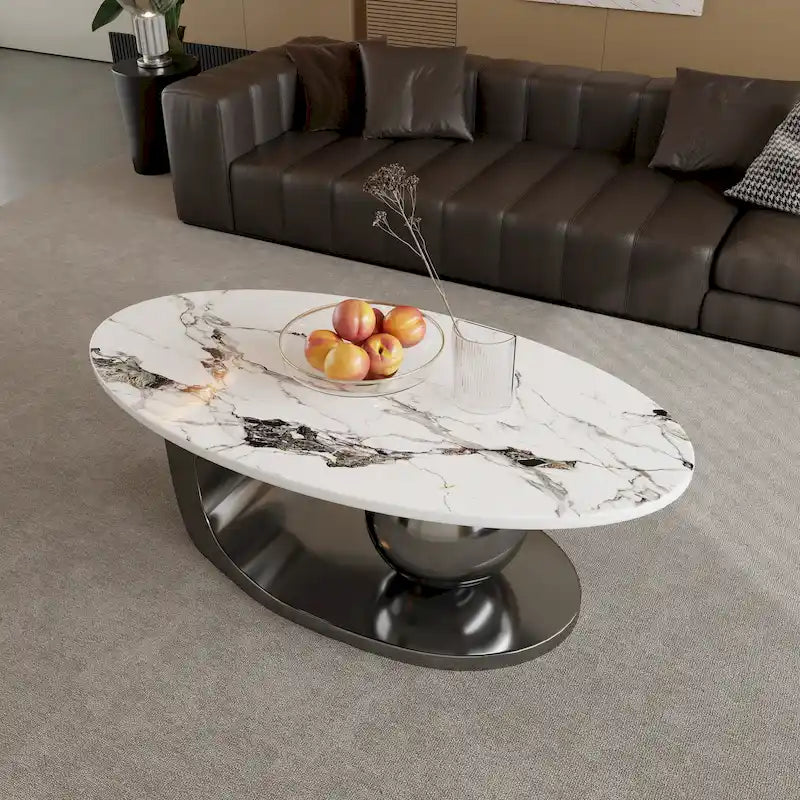 51 Moderne Pandora Oval-Couchtisch mit glänzender gesinterter Steinplatte, Luxus-Couchtisch, Edelstahlbeine für das Wohnzimmer