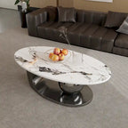51 Moderne Pandora Oval-Couchtisch mit glänzender gesinterter Steinplatte, Luxus-Couchtisch, Edelstahlbeine für das Wohnzimmer