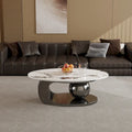 51 Moderne Pandora Oval-Couchtisch mit glänzender gesinterter Steinplatte, Luxus-Couchtisch, Edelstahlbeine für das Wohnzimmer