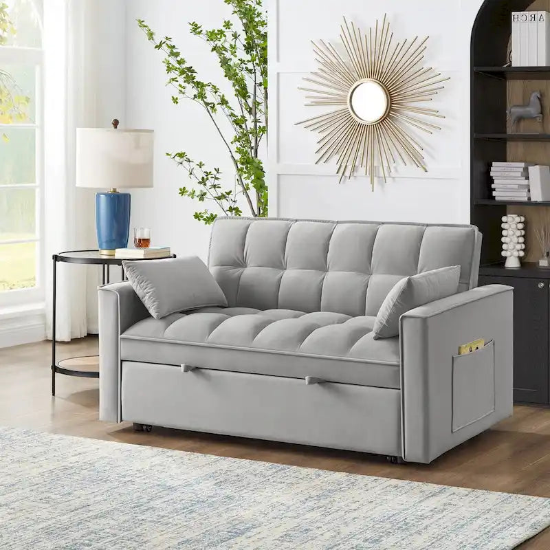 4-in-1 Loveseat Schlafsofa mit Armlehnen & Aufbewahrungstaschen, Multifunktionales getuftetes Ausziehsofa mit verstellbarer Rückenlehne