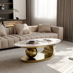 51 Moderne Pandora Oval-Couchtisch mit glänzender gesinterter Steinplatte, Luxus-Couchtisch, Edelstahlbeine für das Wohnzimmer
