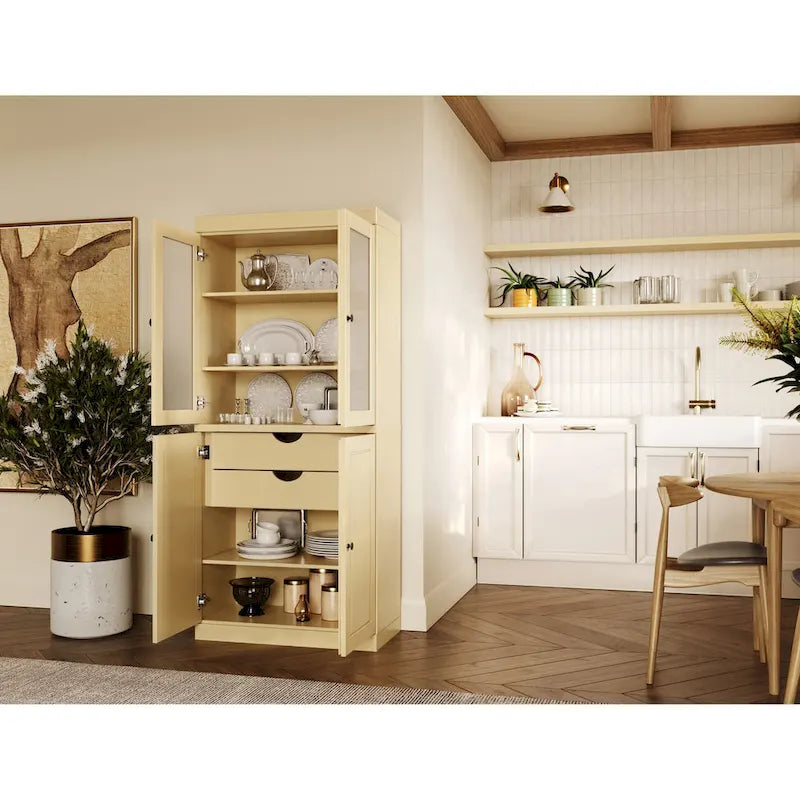 Vollholz-Vorratschrank mit Milchglastüren, Holztüren, 2 Schubladen und verstellbaren Einlegeböden