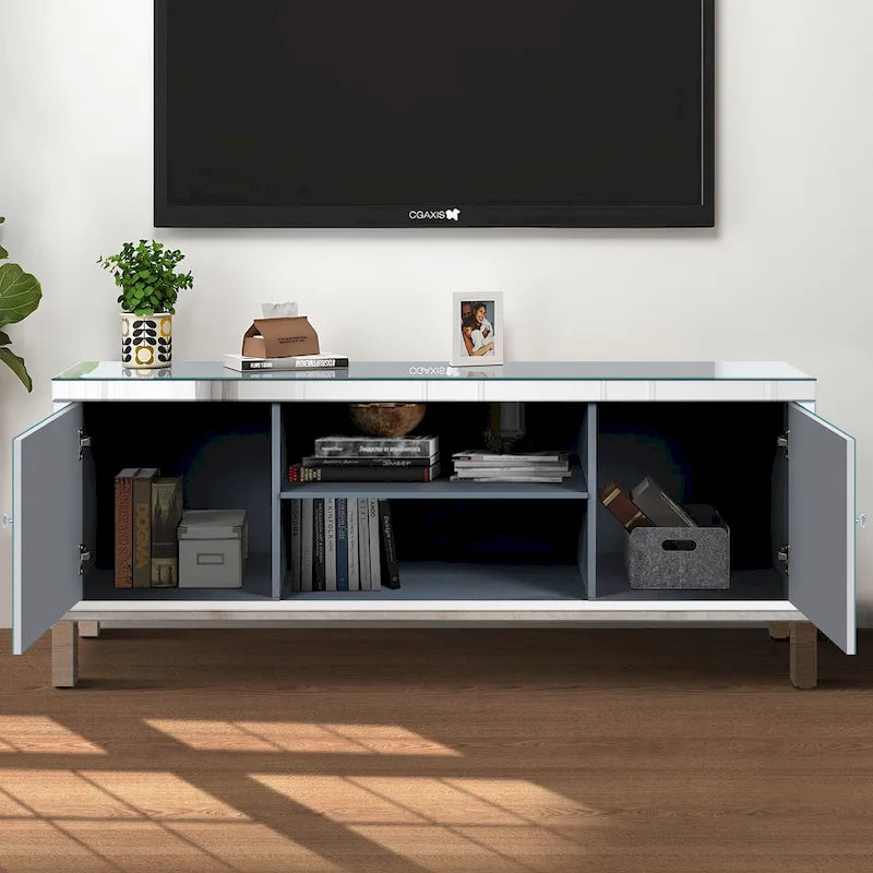 59-Zoll-TV-Ständer mit rautenförmigen Spiegeltüren und Stauraum für Fernseher bis zu 65 Zoll