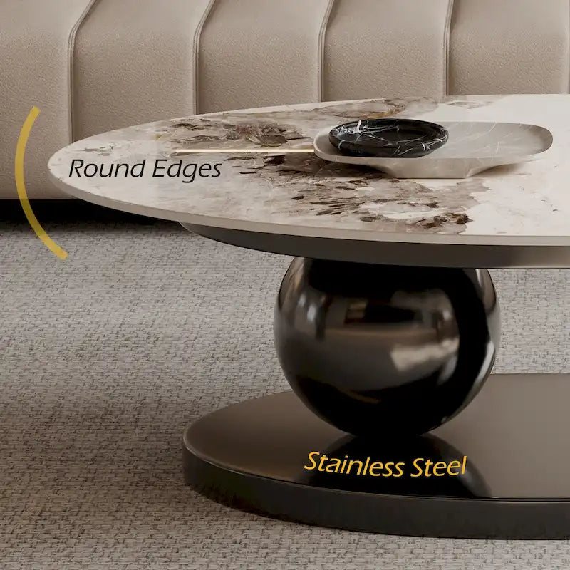 51 Moderne Pandora Oval-Couchtisch mit glänzender gesinterter Steinplatte, Luxus-Couchtisch, Edelstahlbeine für das Wohnzimmer