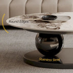 51 Moderne Pandora Oval-Couchtisch mit glänzender gesinterter Steinplatte, Luxus-Couchtisch, Edelstahlbeine für das Wohnzimmer