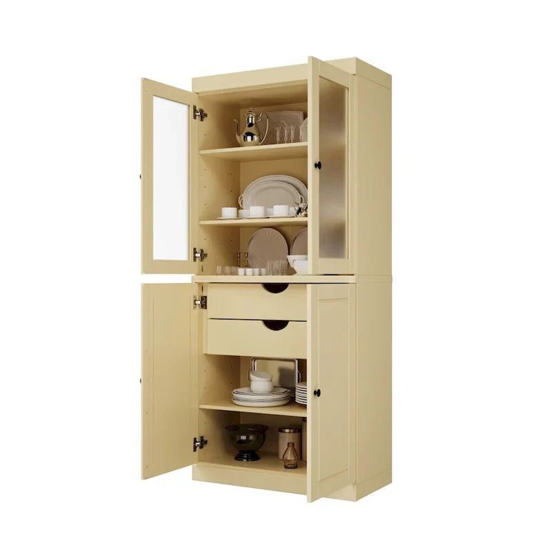 Vollholz-Vorratschrank mit Milchglastüren, Holztüren, 2 Schubladen und verstellbaren Einlegeböden