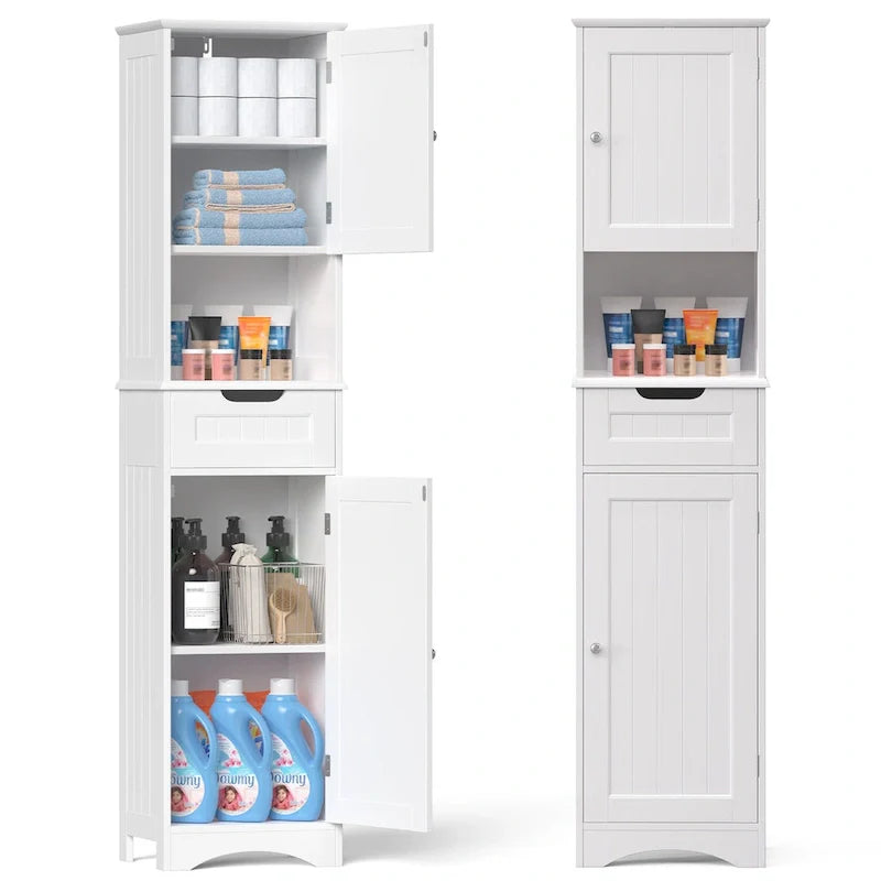67 Zoll hoher Badezimmerschrank, schmaler Wäscheschrank, Aufbewahrungsschrank mit 2 Türen und Schublade