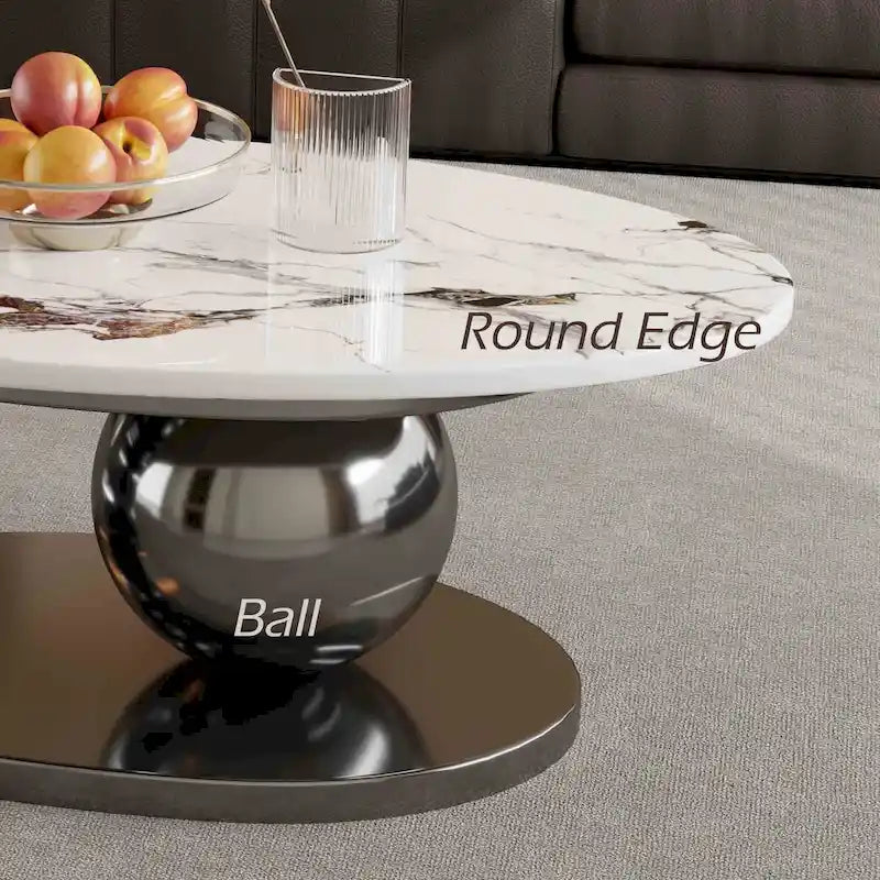 51 Moderne Pandora Oval-Couchtisch mit glänzender gesinterter Steinplatte, Luxus-Couchtisch, Edelstahlbeine für das Wohnzimmer
