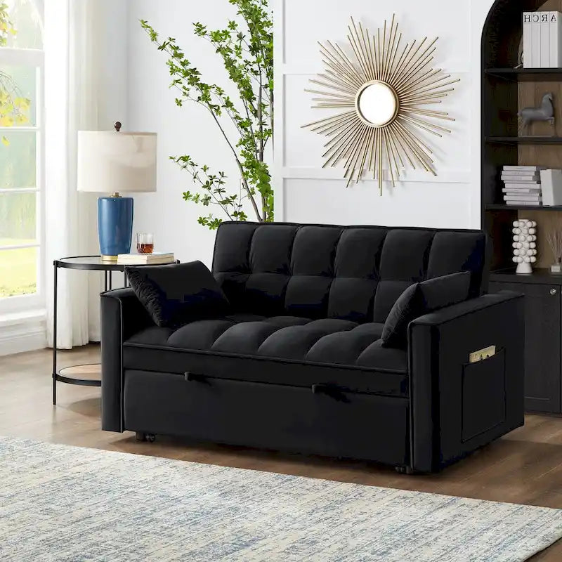4-in-1 Loveseat Schlafsofa mit Armlehnen & Aufbewahrungstaschen, Multifunktionales getuftetes Ausziehsofa mit verstellbarer Rückenlehne