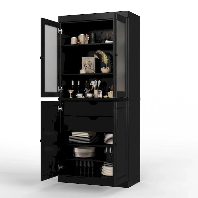 Vollholz-Vorratschrank mit Milchglastüren, Holztüren, 2 Schubladen und verstellbaren Einlegeböden