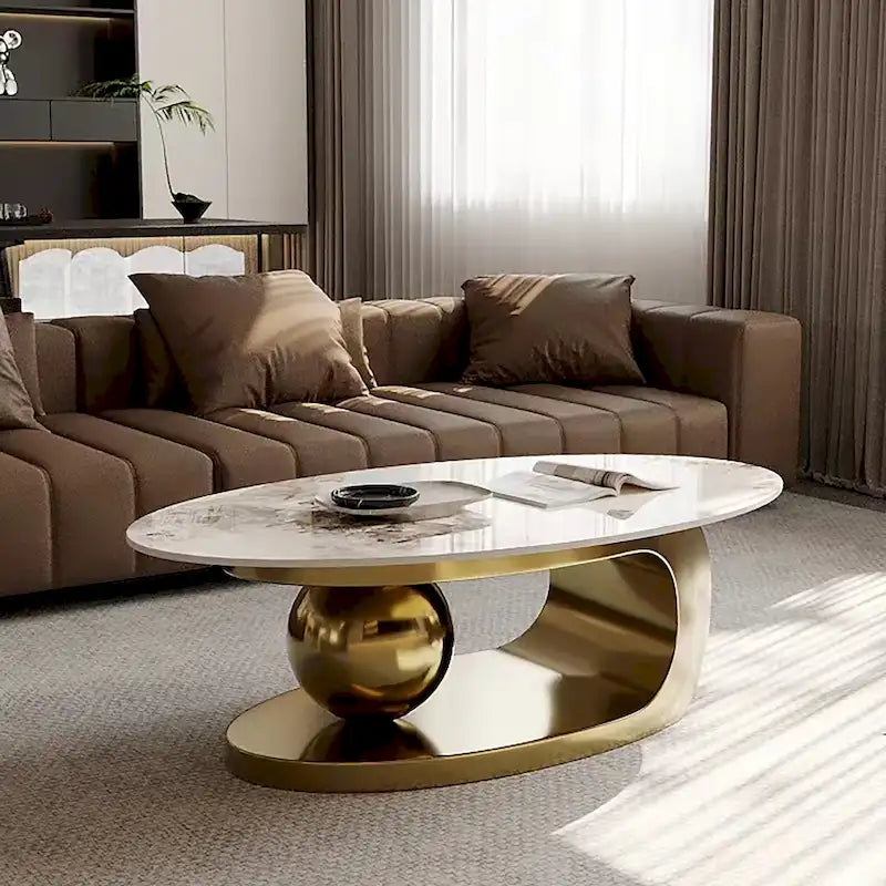 51 Moderne Pandora Oval-Couchtisch mit glänzender gesinterter Steinplatte, Luxus-Couchtisch, Edelstahlbeine für das Wohnzimmer